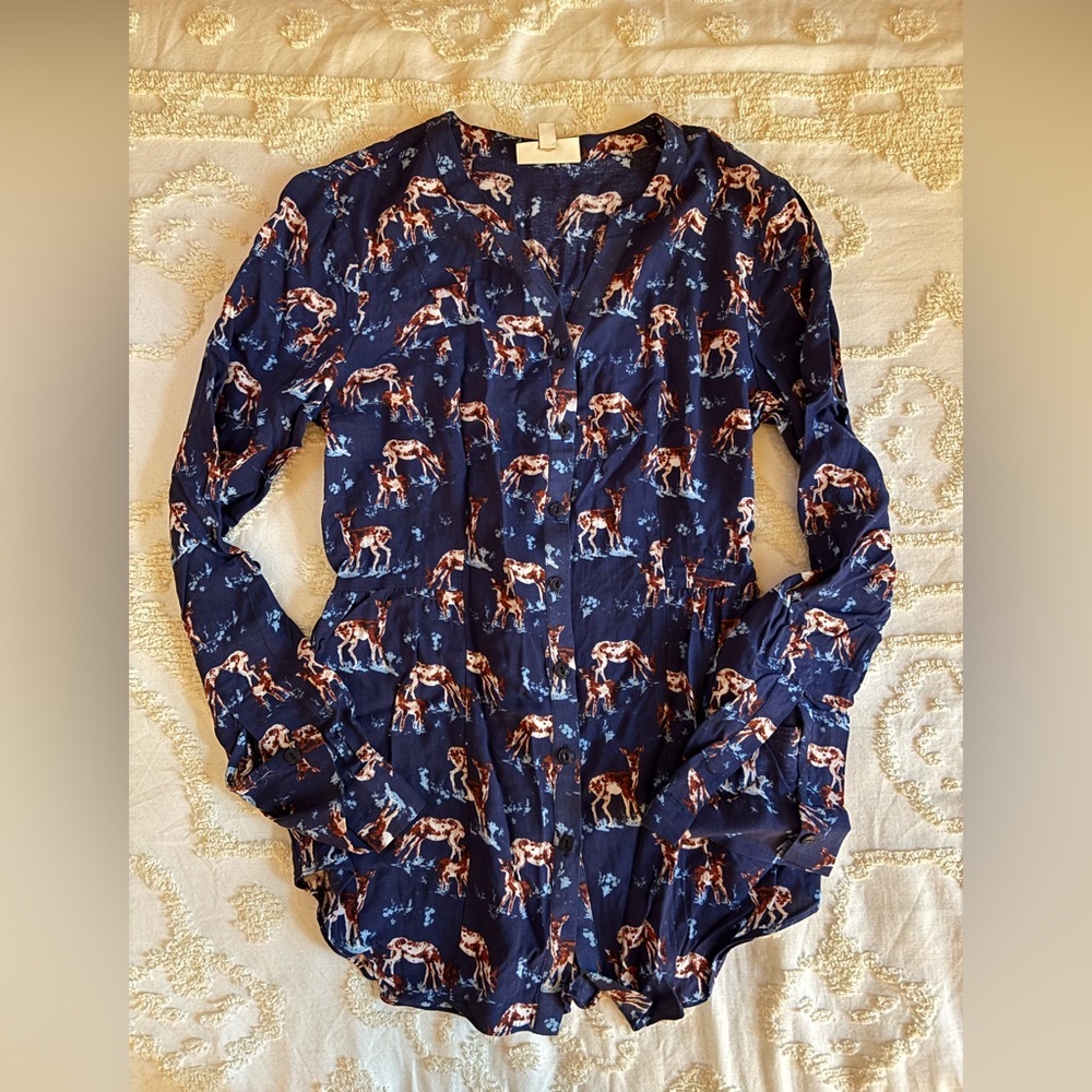 Navy Blouse with Deer Print